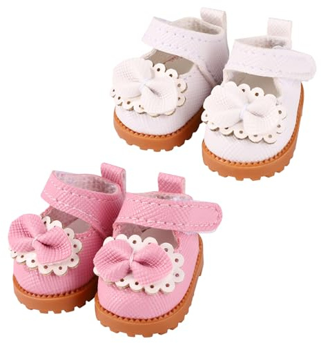 2 Pairs Mini Doll Shoes for 17cm Dolls, Kawaii Fashion Leather Shoes Cute Toy Outfit Accessories (Pink, White)