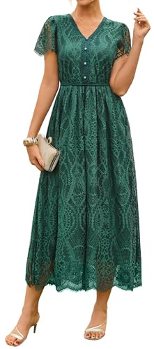 GRACE KARIN Elegant Flared Lace Dress Short Sleeve Women's Autumn Blouse Dress CL343-05 S Dark Green
