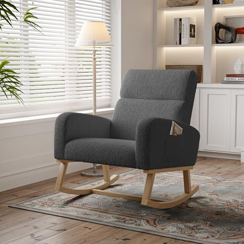 Poltrona a dondolo, poltrona da allattamento, con braccioli, tasche laterali, schienale alto, comoda pelle di agnello, gambe in legno, ideale per camera da letto, soggiorno o balcone. (Grigio scuro)