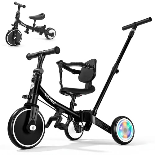 VITONIS Tricycle 5 en 1 pour Enfants de 18 Mois à 3 Ans, avec Roues Clignotantes, Tricycle avec Barre de poussée, Dossier et Ceinture de sécurité, Cadeau, vélo sans pédales, Noir