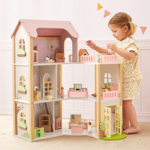 OOOK Wooden Dollhouse with 60 Pcs Luxurious Accessories and Furniture