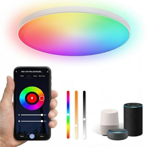 Lámpara LED para techo regulable, 24 W, Ø 30 cm, cambio de color inteligente, lámpara de techo redonda y plana con 16 millones de colores DIY, compatible con Alexa y Google Assistant, para dormitorios