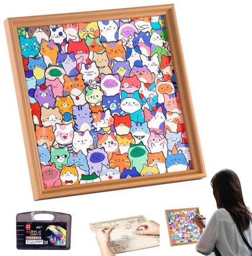 Wooden Cat Puzzle, Coloring Wooden Educational Toys, Animal Jigsaw Puzzles with Photo Frame, Suitable for Kids Boys Girls & Home Travel Bedroom Playroom Classroom Birthday Holiday-Cat