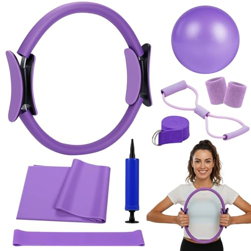 Kit Pilates en Casa, Pilates Essential Kit con Anillo de Pilates, Pelota de Yoga, Bandas de Resistencia, Correas de Muñeca Antideslizantes, Accesorios de Pilates para Mujeres, Entrenamiento en Casa