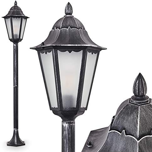 HOFSTEIN Außenleuchte Lignac Frost, Wegeleuchte in antikem Look, Aluguß in Schwarz/Silber mit Milchglas-Scheiben, Stehleuchte 118 cm, Retro/Vintage Gartenlampe, E27-Fassung, IP44, ohne Leuchtmittel