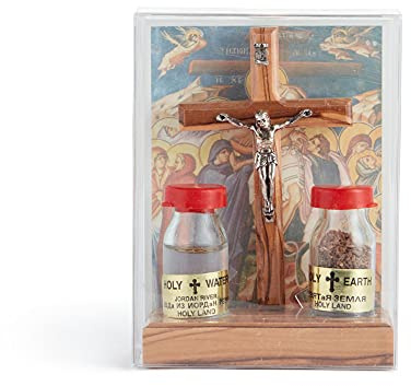Juego de regalo de Tierra Santa hecho a mano de madera de olivo cruz crucifijo soporte agua tierra