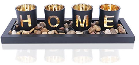 Set portacandele, include 4 bicchieri in vetro, pietre naturali e vassoio in legno per decorazioni da tavola per la casa (Home)