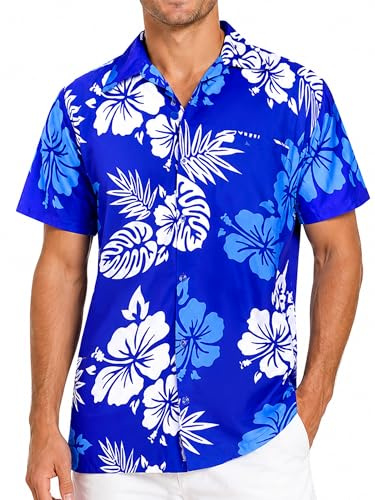 King Kameha Chemise Hawaïenne Homme Manche Courte - Chemise a Fleur Homme à Motif Hibiscus et Feuilles Tropicales