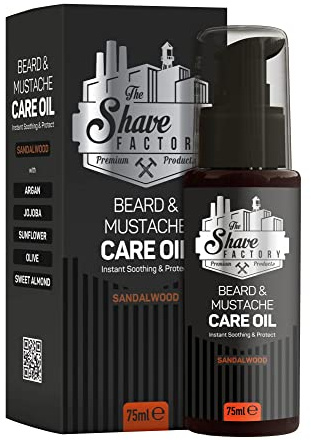 THE SHAVE FACTORY Aceite para barba y bigote – Sandalwood 75 ml – Aceite nutritivo para la barba para el crecimiento, brillo e hidratación – Cuidado diario para un vello facial sano y suave