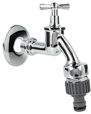 tecuro Auslaufventil 1/2 Zoll, Knebeloberteil, Rohrbelüfter DVGW, Steckkupplung, Wandrosette, Dichtband - Messing hochglanzverchromt - 22762-PWD