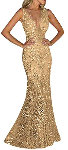 Abiti da sera da donna, color oro, con scollo a V, senza maniche, lunghezza al ginocchio, con paillettes, abito a matita elegante, vintage, festivo, per balli, feste, cocktail, abiti lunghi con spalle