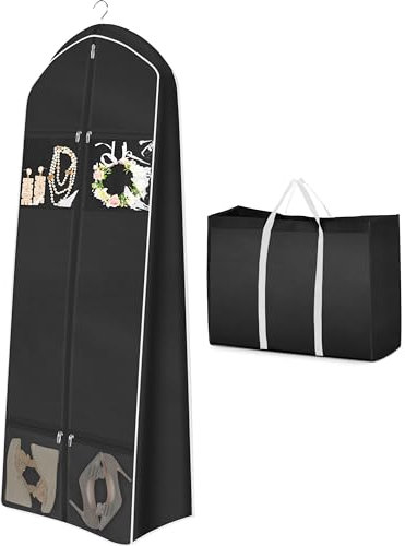 MISSLO 70 Wedding Dress Garment Bag with Bride Tote Bag 8'' Gusseted Wedding Dress Bags for Gowns Long 4 Pockets Dress Cover for Women, Black
