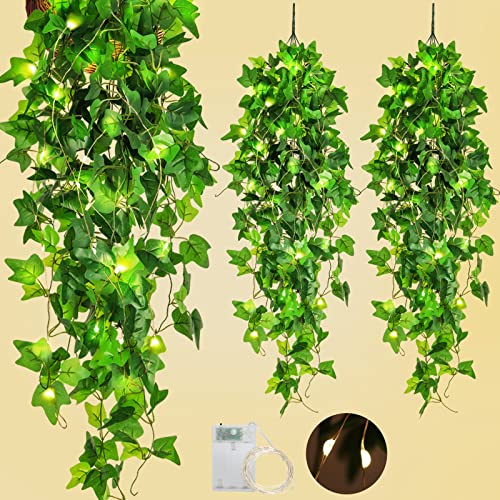 RECUTMS 4Pcs Artificial Vines Silk Ivy with 30 LED Fairy String Lights | Fake Hanging Plants with fabric leaves and plastic stems, ideal for Bedroom Balcony Hotel Garden and Indoor Outdoor