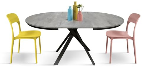 PAZZO DESIGN Table Ronde Extensible en Lin, Pieds Croisés Shangay Noirs, Séjour, Cuisine, Fabriqué en Italie, Gris Béton, de 120 à 170 cm - id_2120