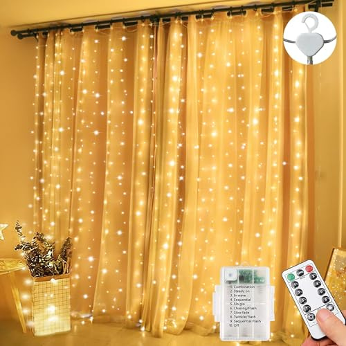 Lezonic Curtain Fairy Lights, 3m x 3m 300LED Battery Curtain Lights, 8 Modes Fairy Lights Battery Operated with Remote for Indoor/Outdoor, Window, Bedroom, Wedding, Party, Christmas(Warm White)