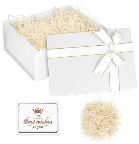 Groß Geschenkbox mit Deckel,Geschenkbox mit Schleifen, Weiß Geschenkbox Set,Grußkarten,Raffia Hamper Shreds für Hochzeit Geburtstag Weihnachten (33 x 25 x 12,5 cm)