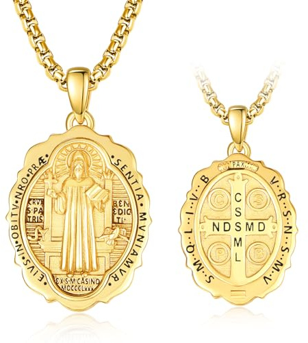TANGPOET Collar con colgante de medalla de San para hombres y mujeres 925, chapado en oro de 24 quilates, amuleto de protección, joyería religiosa católica, cristiana, regalo con cadena