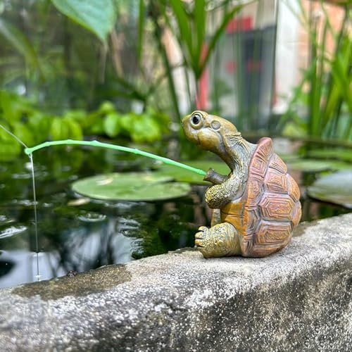 Miniteich Deko Angeln Figur,Gartendeko für Draußen Wetterfest,Schildkröte Teich Deko Garten,Teichdeko für Draußen Angler Schildkröten Figuren,Schildkröte Gartenfiguren Harz Statue für Blumentopf Hof