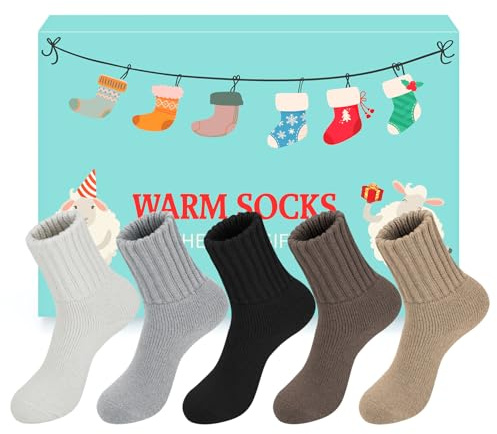 Beaulov 5 Paires de Chaussettes de Botte en Laine de Mérinos pour Femmes Manchette Épaisse Chaussettes Chaudes d'Hiver Confortables Crew pour Dames Idéales comme Cadeau pour les Filles