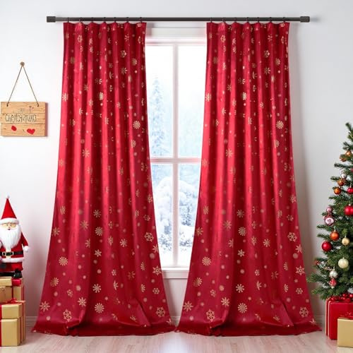 PLODAXE Weihnachtsvorhänge Samt mit Schneeflocken Goldfolie Muster, 2er Set H244xB132cm Schöne Samtvorhänge Kräuselband, Blickdicht Gardinen Thermovorhang für Wohnzimmer Schlafzimmer (Weihnachtsrot)