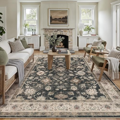 PureCozy Teppich Wohnzimmer 200x300cm Waschbarer Blumenmuster kurzflor rutschfest Weich Bumen Boho Vintage Teppiche Groß für Schlafzimmer Küchen Esszimmer Bedroom Living Room, Schwarz