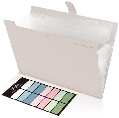 SKYDUE Carpeta de documentos A4, carpeta archivadora con 8 compartimentos, etiquetas, portátil, sistema de carpetas, para hogar, oficina, escuela y viajes (beige)