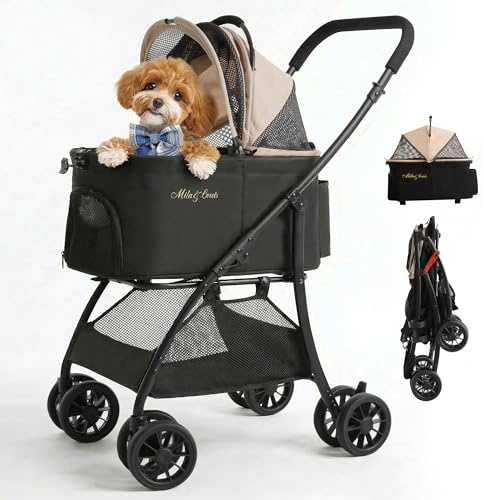 MILA&LOUIS Dog Stroller, 22 Pet Cradle for Small Dog, Pet Stroller with 4 Pu Wheels, 10Lbs Ultra-Light Dog&Cat Stroller for Small Pets, Max 22Lbs Capacity Detachable & Foldable Design with Cup Holder