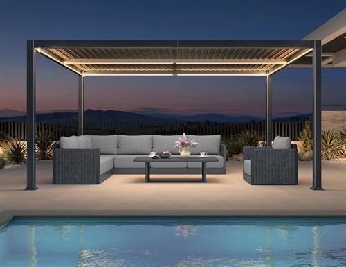 PURPLE LEAF Pergola Bioclimatica 3,5 x 4,6 m in alluminio con LED, Pergola Giardino Esterno con Lame Orientabili, Impermeabile e Durevole, Gazebo da Giardino Esterno per Terrazza e Carport, Grigio