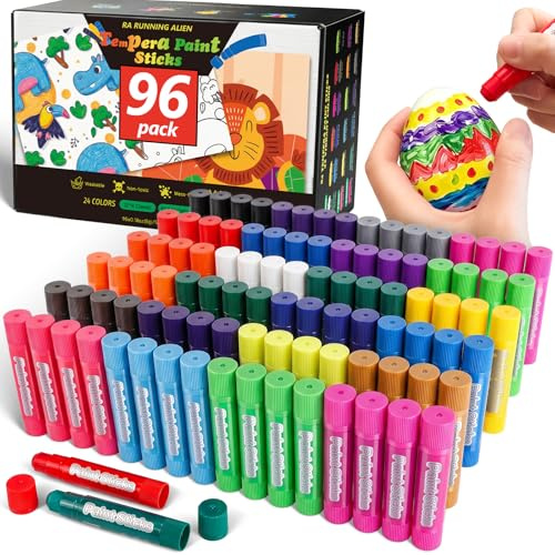 Lot de 96 bâtons de peinture Tempera, 24 couleurs, non toxiques, solides pour enfants, sans désordre, séchage rapide, lisses et lavables, fonctionne parfaitement sur le papier, le bois, le verre, la