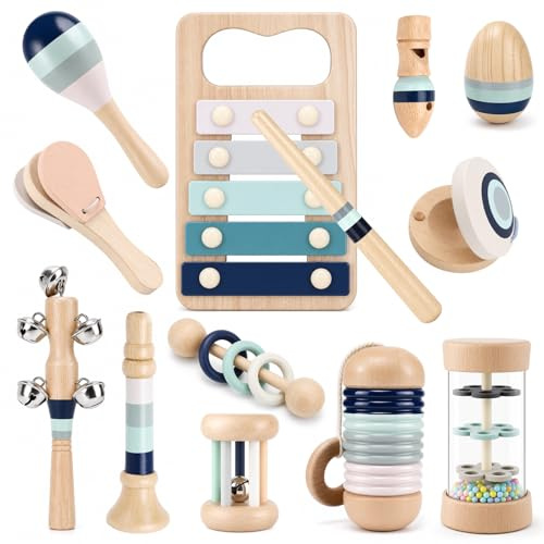 DICAO 1st Birthday Gifts for Boy Girls, Toys for 1 2 3 Year Old Boys Girls, 12 PCS Wooden Musical Instruments Montessori Toys, Toddler Sensory Toy with Maracas,Xylophone,Tambourine