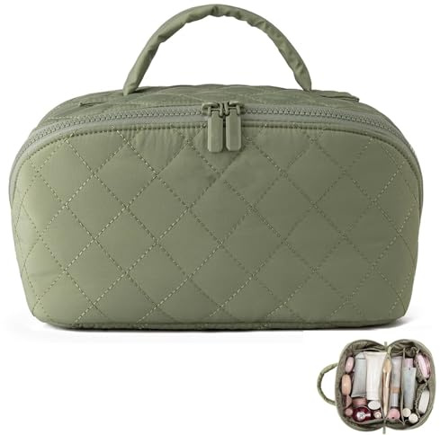 Travel Makeup Bag for Women, Flat Lay Cosmetic Bag with Compartments | Green Wide Opening Makeup Bag with Spacious Compartments Keeps Cosmetics and Brushes Organised for Travel and Everyday Use
