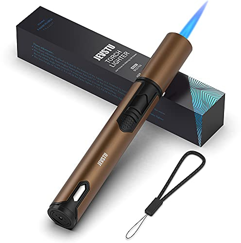 JEVSTU Butane Lighter, Torch with Fuel Level Window, Adjustable Fire Jet Lighter for Fireplace, Windproof Pen for Candle BBQ, Brown, Fluid not Included