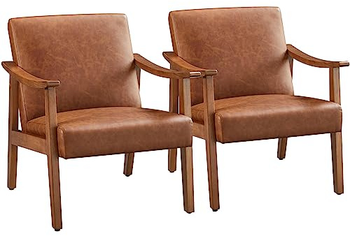 Yaheetech PU Leather Accent Chair, Mid-Century Modern Armchair with Solid Wood Legs, Reading Leisure Chair for Living Room Bedroom Waiting Room, Light Brown, Set of 2