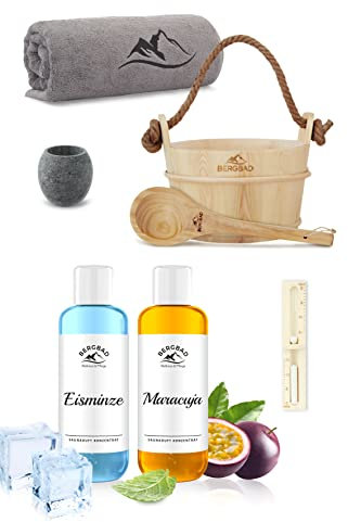 BERGBAD Großes Sauna-Geschenk-Set - Sauna-Eimer + Kelle, Sauna-Ei, 15 Minuten Sand-Timer, 180cm Sauna-Handtuch, 500ml Saunaaufguss und Menthol-Kristalle | Perfekte Sauna-Erstausstattung