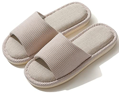 JIJIe Slippers for Women Men Linen Slippers Open Toe House Shoes Summer Sandals for Indoor Outdoor Bedroom (Khaki 38/39)
