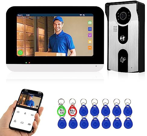 QTTYELOK WiFi Tuya Accueil Vidéo Sonnette Interphone Système 7 Pouces Couleur écran Tactile Affichage Intérieur + 1080P HD RFID Caméra Extérieure IR Vision Nocturne