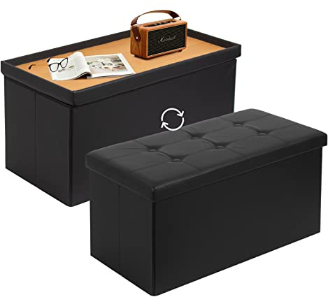 Todeco Coffre de Rangement avec 2 en 1 Couvercle, Banc de Rangement Pliable Similicuir, Ottoman avec Espace de Stockage, Pouf Rangement Interieur 80L pour Salon Chembre, Noir