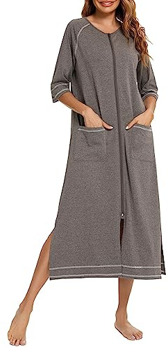 KBOPLEMQ Bata para mujer con cremallera delantera, albornoz con mangas medias, bata de cuerpo entero de algodón suave con bolsillos, ropa de dormir cómoda, casaca de dormir larga, albornoz largo, gris