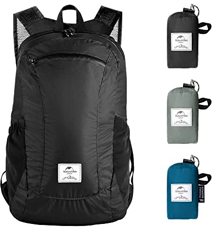 Naturehike Ultraleichter faltbarer Rucksack Wasserdichter Rucksack aus 30D-Nylon 18L Wanderrucksack Geeignet zum Spazierengehen, Wandern, Radfahren, Sport, Kurztrips Schwarz