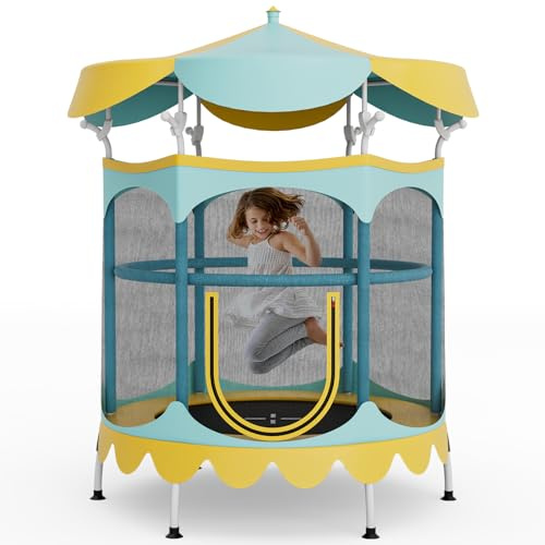 GYMAX Toddler Trampoline, 64” Rebounder for Kids with Removable Canopy, All Round Enclosure Net & Handrail, ASTM Approved Indoor & Outdoor Mini Trampoline, Birthday for Boys Girls (Yellow)
