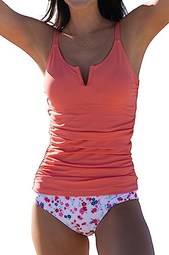 Beachsissi Trajes de baño para mujer con diseño fruncido, control de abdomen, dos piezas, estampado floral, escote en V, conjuntos tankini, Colores salmón., M
