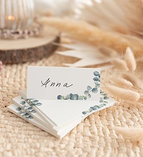 Lot de 50 cartons de table élégants pour occasions spéciales, mariage, anniversaire, communion, confirmation ou baptême (eucalyptus) – Magnifiques marque-places avec un design intemporel