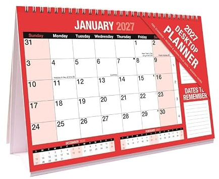 2027 Month to View Desktop Planner - Free Standing Flip Calendar - for Home Office and School Use - Full Year UK Calendars For Desk