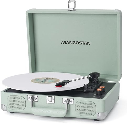 MANGOSTAN Valigia portatile Bluetooth per giradischi a 3 velocità, fonografo in vinile con bassi e altoparlanti integrati, lettore LP con cinghia di supporto AUX in ingresso RCA Line Out per cuffie