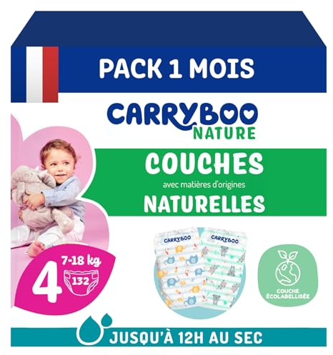 Carryboo – Pañales talla 4 (7-18 kg) – Piel sensible – Natural y ultra absorbente, 12 h a prueba de fugas – Sin ingredientes no deseados – Fabricado en Francia – 132 capas – Paquete de 1 mes