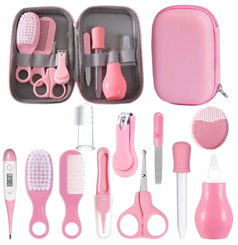 Mokaskaidj 12 Piezas Neceser Bebe Recien Nacido, Set para Cuidado Del Bebé, Cortauñas Bebe, Kit Bebe Recien Nacido, Conjunto de Seguridad para Bebés, Neceser Impermeable con Cremallera (Rosa)