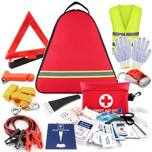 Kit de seguridad para automóvil, botiquín de primeros auxilios, triángulo de advertencia, chaleco amarillo, guantes, cordón, rompehielos, lámpara, alternador, cable de batería, disco de