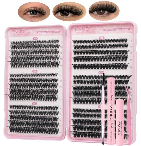 FANDIQ Cluster Lashes Kit with Lash Glue&Remover 40D+50D+60D+80D+100D+120D | 560pcs,Fluffy Volume ,Tweezers,Brush,Individual Eyelashes Kit 8-16mm D Curl Strip Lashes for Everyday Wear Beginner Friendly
