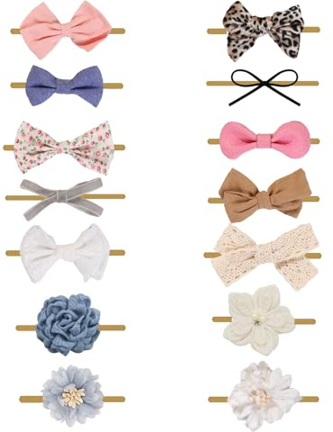 14PCS Baby Girls Headbands Hair Bows Nylon Cotton Linen Hairbands Handmade Hair Accessories for Newborn Infant Toddlers Little Girl and Kids (Pink)