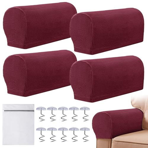 Armrest Chair Covers, Set of 4 Stretch Armchair Covers for Arms Anti-Slip Furniture Protector with Laundry Bag, Machine Washable Arm Chair Sleeves, Armrest Cover for Sofa Couch Recliner(Claret)